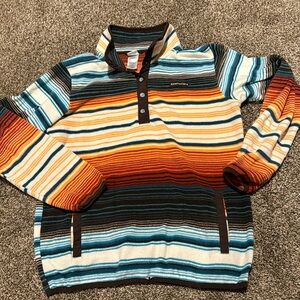 Cinch Polar Fleece women’s pullover. Brown trim. Size medium. Blanket stripe.